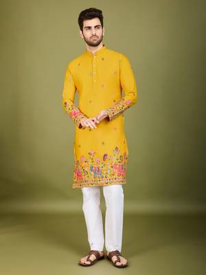 Yellow cotton thread & sequins embroidered work wedding ceremony festival marriage party wear straight kurta 5