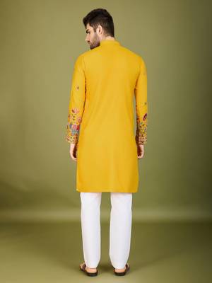 Yellow cotton thread & sequins embroidered work wedding ceremony festival marriage party wear straight kurta 6