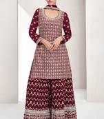 Maroon chinon silk thread embroidery sequins work top, palazzo with dupatta (free size stitched up to-42 size)