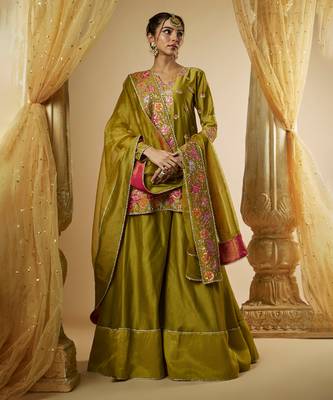 Olive green chanderi silk sharara set 1