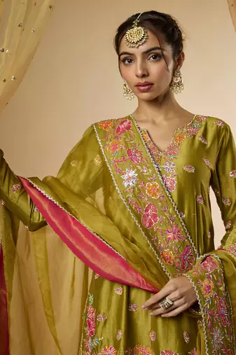 Olive green chanderi silk sharara set