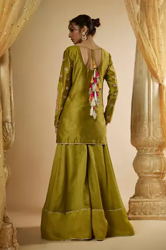 Olive green chanderi silk sharara set