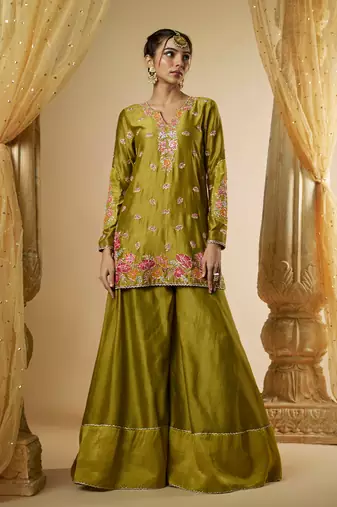 Olive green chanderi silk sharara set