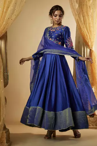Ink blue chanderi silk anarkali