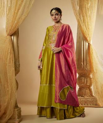 Olive green chanderi silk sharara set 1