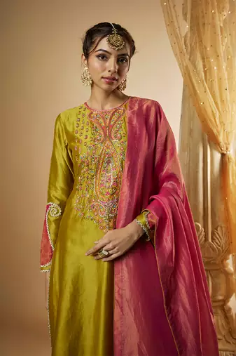 Olive green chanderi silk sharara set