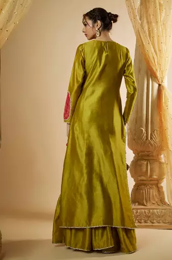 Olive green chanderi silk sharara set
