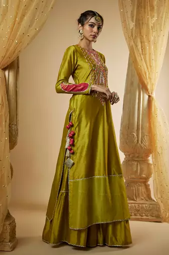 Olive green chanderi silk sharara set