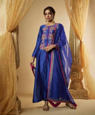 Ink blue chanderi silk kurta set 1