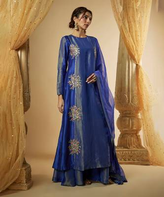 Ink blue chanderi silk kurta set 1