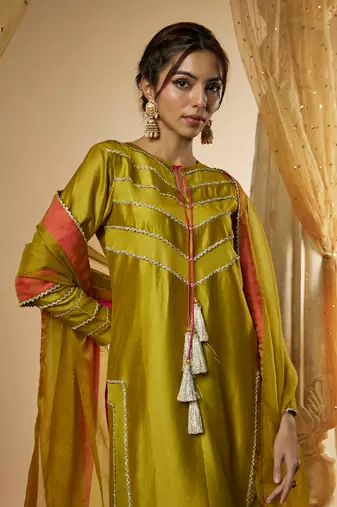 Olive green chanderi silk kurta set