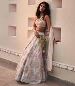 GLAMOROUS WOMEN'S CREAM 3MM SEQUINS AND THREAD EMBROIDERED GEORGETTE FABRIC LEHENGA CHOLI FOR WEDDING