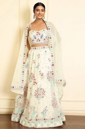 GLAMOROUS WOMEN'S CREAM 3MM SEQUINS AND THREAD EMBROIDERED GEORGETTE FABRIC DESIGNER LEHENGA CHOLI FOR WEDDING