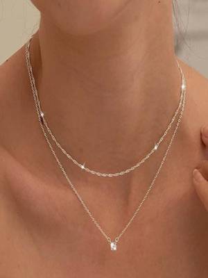 silver plated layered necklace with zircon stone pendant | lightweight daily wear 1