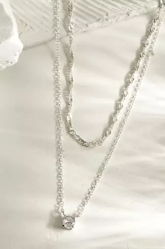 silver plated layered necklace with zircon stone pendant | lightweight daily wear