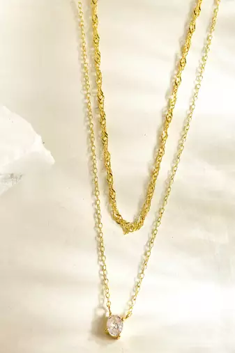 plated layered necklace with zircon stone pendant | lightweight daily wear necklace