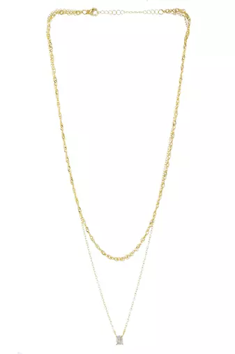 plated layered necklace with zircon stone pendant | lightweight daily wear necklace