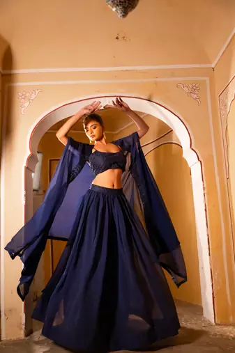 NAVY BLUE DETAILED lehenga choli SHRUG SET