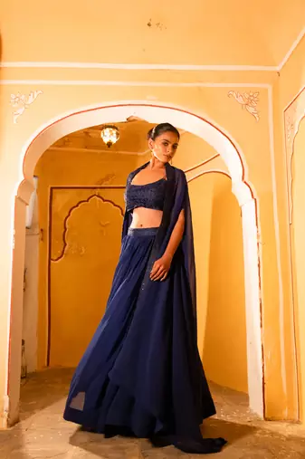 NAVY BLUE DETAILED lehenga choli SHRUG SET