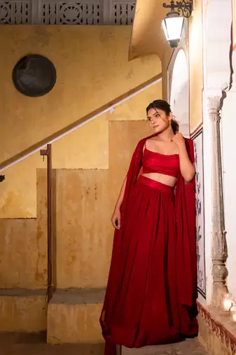 MAROON RED DETAILED lehenga choli SHRUG SET