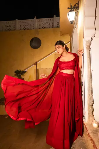 MAROON RED DETAILED lehenga choli SHRUG SET