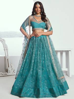 Aqua Blue Net Thread and Sequin Work Lehenga 1