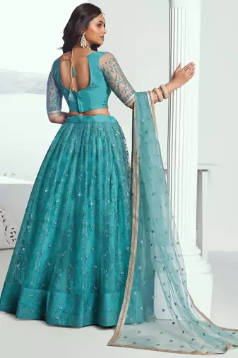 Aqua Blue Net Thread and Sequin Work Lehenga