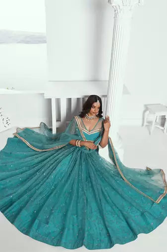 Aqua Blue Net Thread and Sequin Work Lehenga