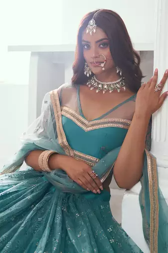 Aqua Blue Net Thread and Sequin Work Lehenga
