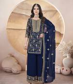 Blue sequins embroidered work georgette palazzo straight pakistani stitched salwar suit dupatta