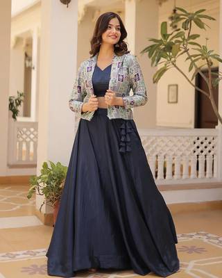 Women's Navy Blue Jacket Style Anarkali Lehenga 1