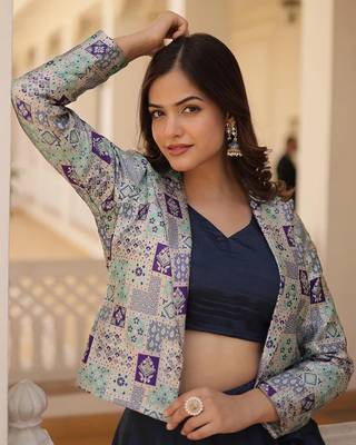 Women's Navy Blue Jacket Style Anarkali Lehenga 2