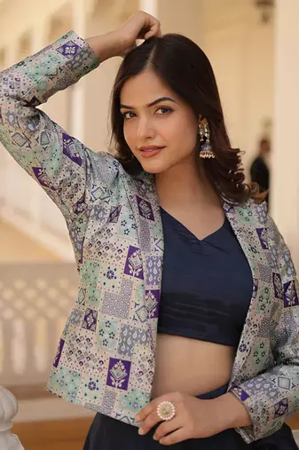 Women's Navy Blue Jacket Style Anarkali Lehenga