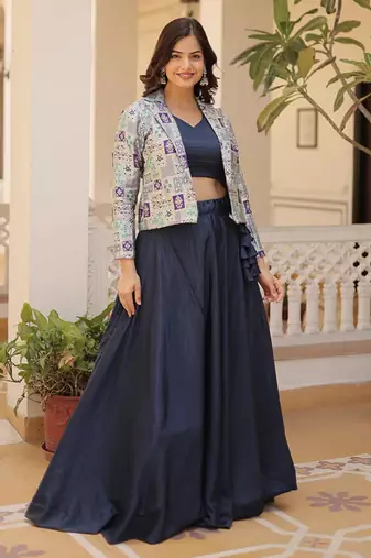 Women's Navy Blue Jacket Style Anarkali Lehenga