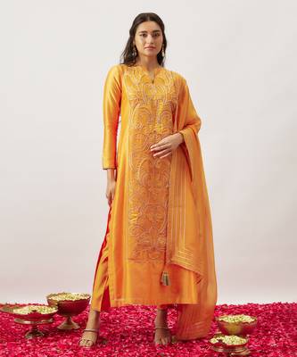 Orange pure handwoven chanderi, zariorganza kurta set 1