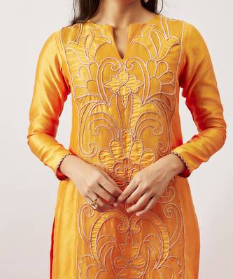 Orange pure handwoven chanderi, zariorganza kurta set 2