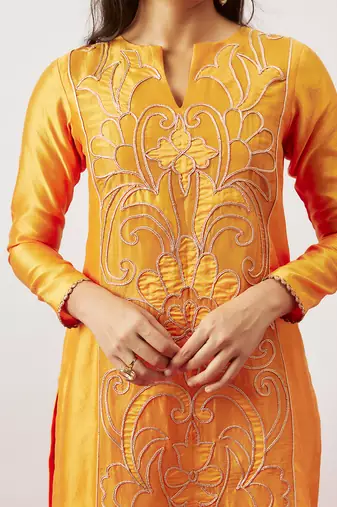 Orange pure handwoven chanderi, zariorganza kurta set