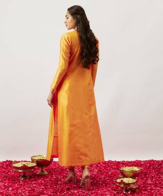 Orange pure handwoven chanderi, zariorganza kurta set 3