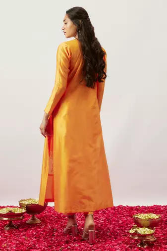 Orange pure handwoven chanderi, zariorganza kurta set