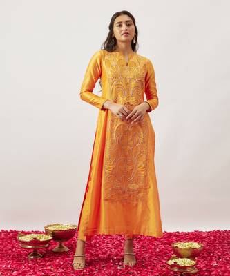 Orange pure handwoven chanderi, zariorganza kurta set 4