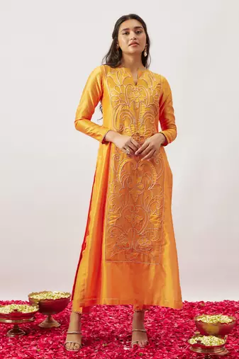 Orange pure handwoven chanderi, zariorganza kurta set