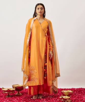 Orange pure handwoven chanderi, zariorganza angharkha set 1