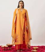 Orange pure handwoven chanderi, zariorganza angharkha set