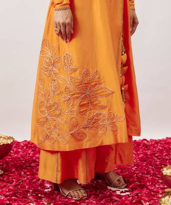 Orange pure handwoven chanderi, zariorganza angharkha set 2