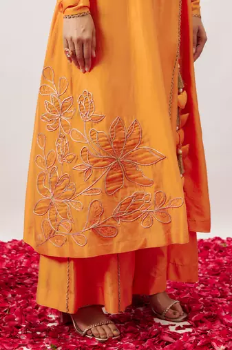 Orange pure handwoven chanderi, zariorganza angharkha set