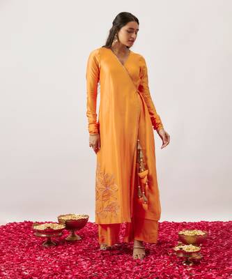 Orange pure handwoven chanderi, zariorganza angharkha set 3