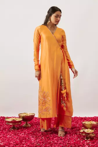 Orange pure handwoven chanderi, zariorganza angharkha set