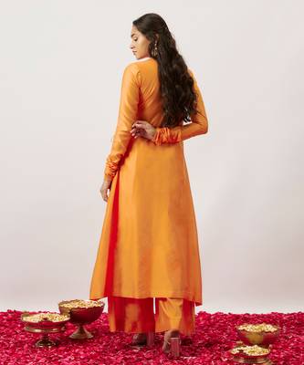 Orange pure handwoven chanderi, zariorganza angharkha set 4
