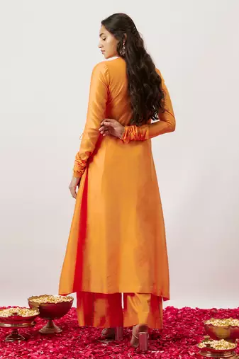 Orange pure handwoven chanderi, zariorganza angharkha set