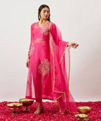 Pink pure handwoven chanderi, zariorganza kurta set 1
